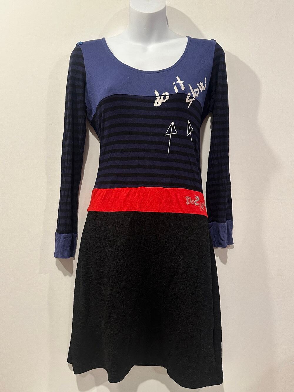 Vintage Desigual Y2K Striped Do It Slow Red Accent Long Sleeve Sweater Dress M